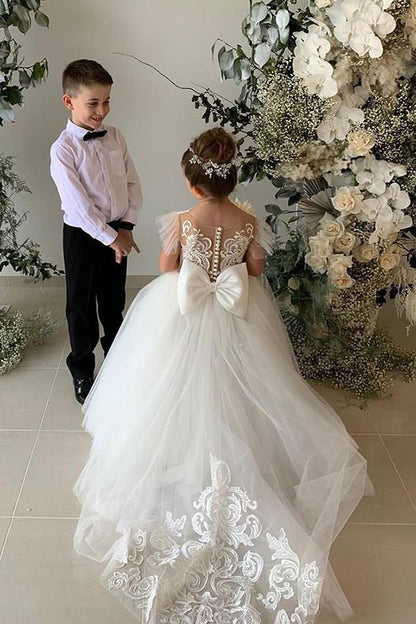 Long Ball Gown Lace Appliques Tulle Flower Girl Dresses