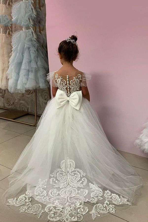 Long Ball Gown Lace Appliques Tulle Flower Girl Dresses