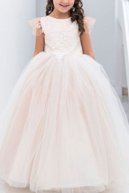 Long Ball Gown Lace Appliques Tulle Flower Girl Dresses