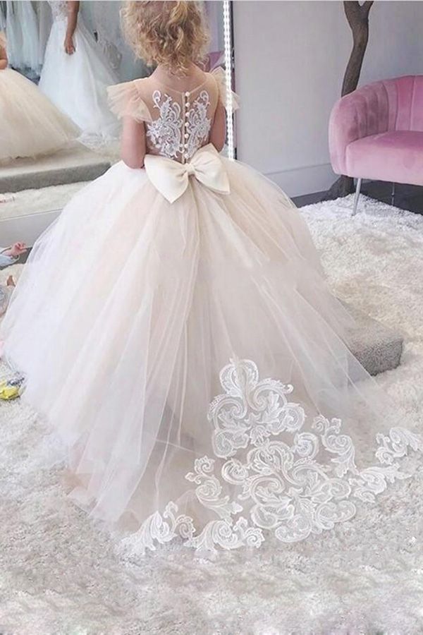 Long Ball Gown Lace Appliques Tulle Flower Girl Dresses