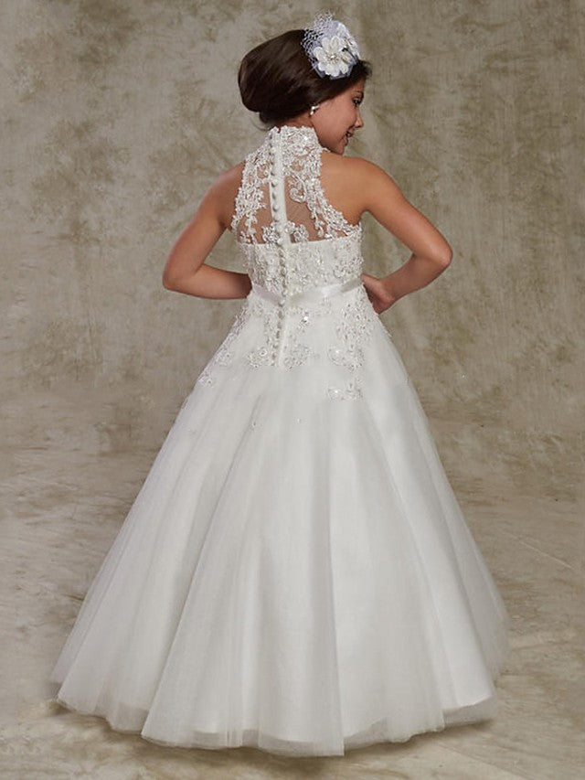 Long Ball Gown Lace Sleeveless High Neck Wedding Party Flower Girl Dresses With Beading Appliques