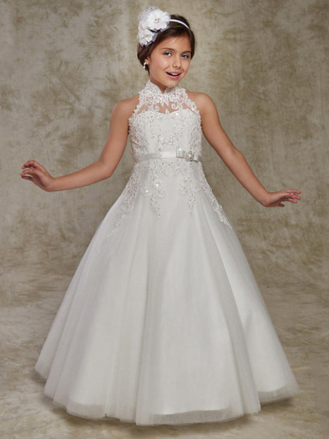 Long Ball Gown Lace Sleeveless High Neck Wedding Party Flower Girl Dresses With Beading Appliques