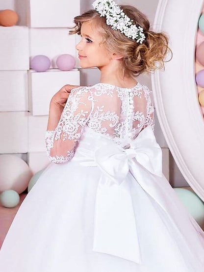 Long Ball Gown Lace Tulle Half Sleeve Jewel Neck Wedding Party Flower Girl Dresses