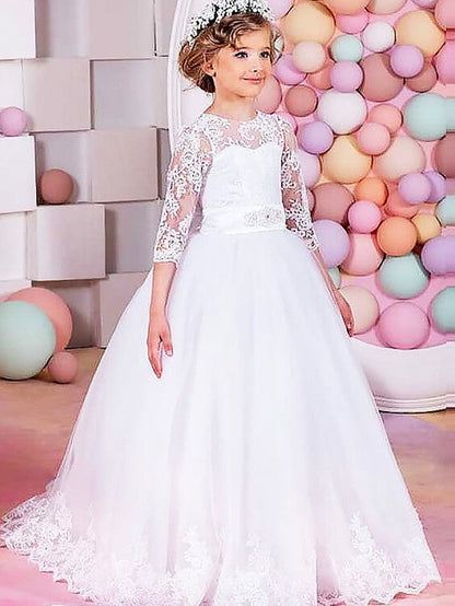 Long Ball Gown Lace Tulle Half Sleeve Jewel Neck Wedding Party Flower Girl Dresses