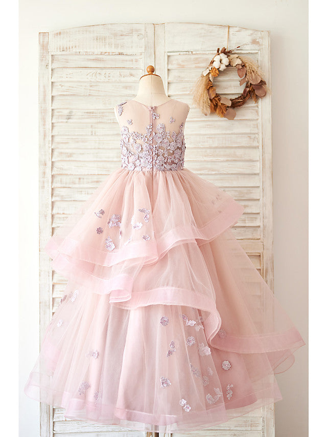 Long Ball Gown Lace Tulle Sleeveless Jewel Neck Wedding Birthday Flower Girl Dresses