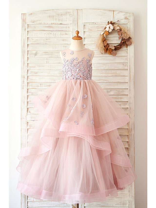 Long Ball Gown Lace Tulle Sleeveless Jewel Neck Wedding Birthday Flower Girl Dresses