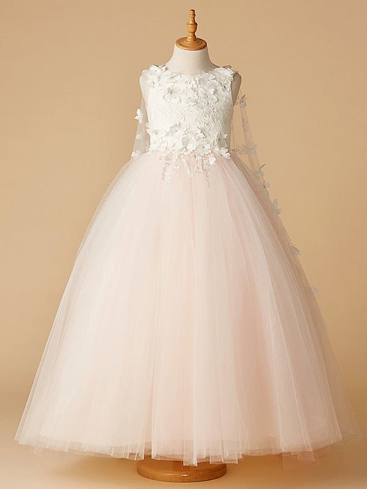 Long Ball Gown Lace Tulle Wedding Party Pageant Flower Girl Dresses