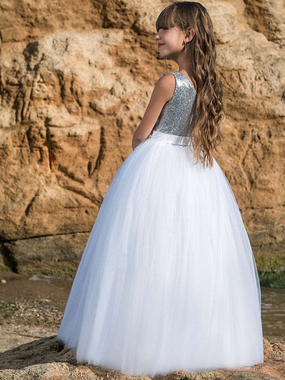 Long Ball Gown Maxi Tulle Boat Neck Wedding Birthday Pageant Flower Girl Dresses