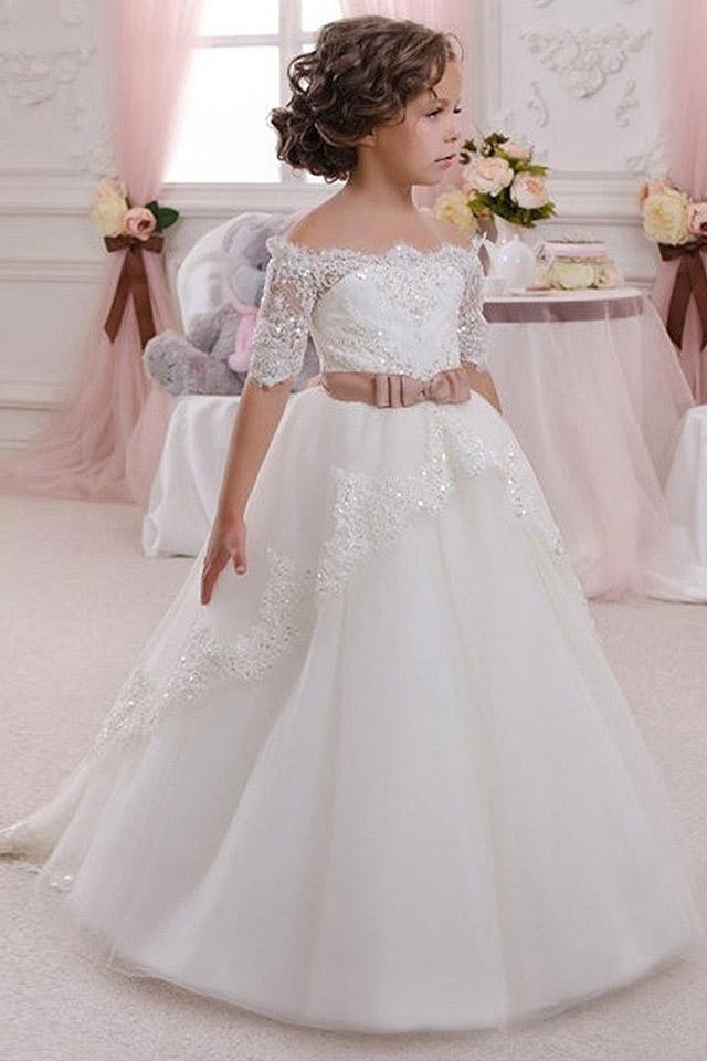 Long Ball Gown Off The Shoulder Tulle Lace Flower Girl Dresses with Sleeves