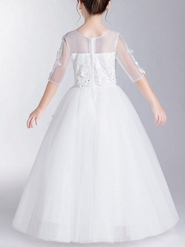 Long Ball Gown Polyester Jewel Neck First Communion Flower Girl Dresses with Sleeves