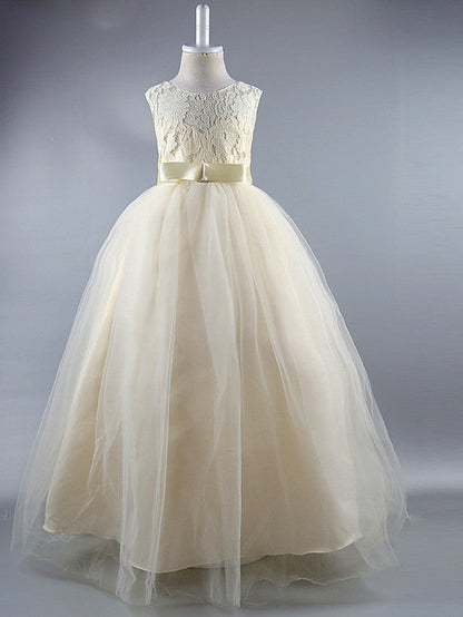 Long Ball Gown Satin Jewel Neck Wedding First Communion Pageant Flower Girl Dresses