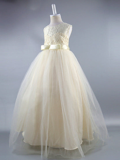 Long Ball Gown Satin Jewel Neck Wedding First Communion Pageant Flower Girl Dresses