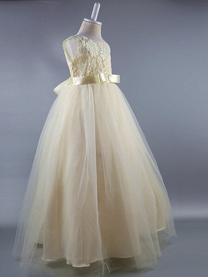 Long Ball Gown Satin Jewel Neck Wedding First Communion Pageant Flower Girl Dresses