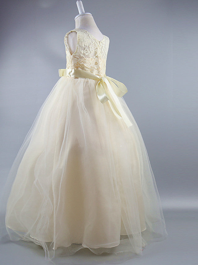 Long Ball Gown Satin Jewel Neck Wedding First Communion Pageant Flower Girl Dresses