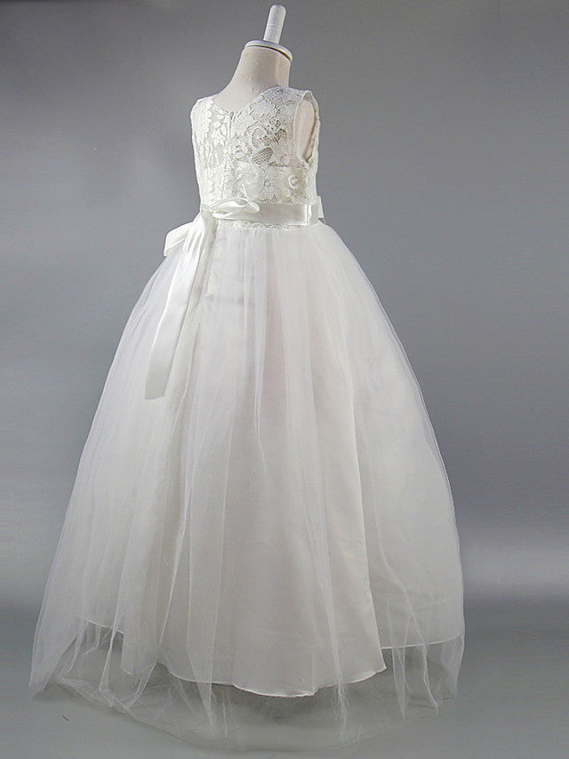 Long Ball Gown Satin Jewel Neck Wedding First Communion Pageant Flower Girl Dresses