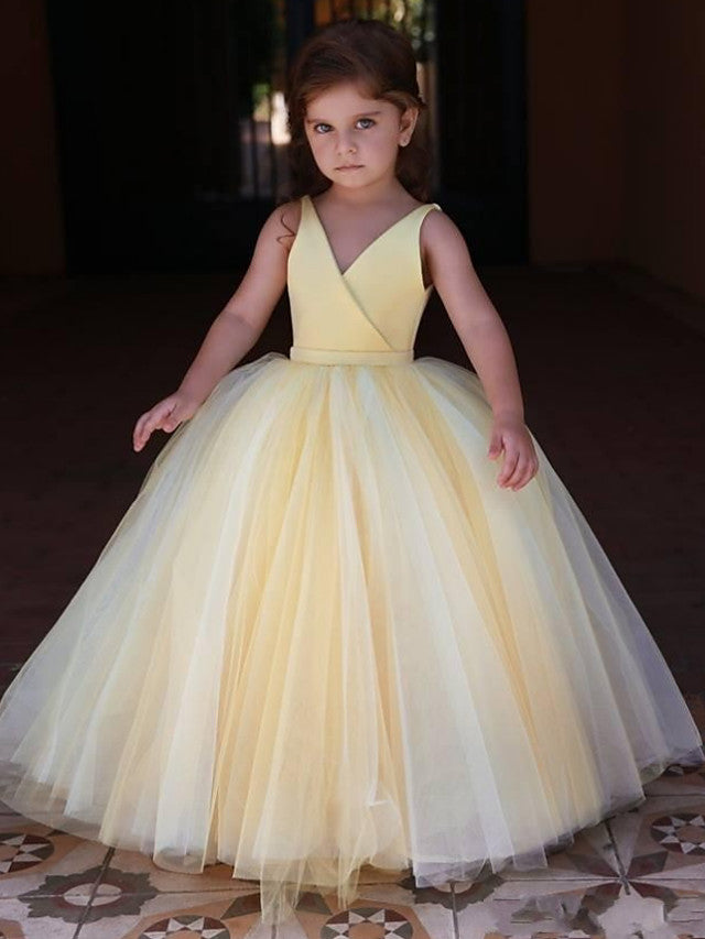 Long Ball Gown Satin Tulle Sleeveless V Neck Wedding Party Flower Girl Dresses