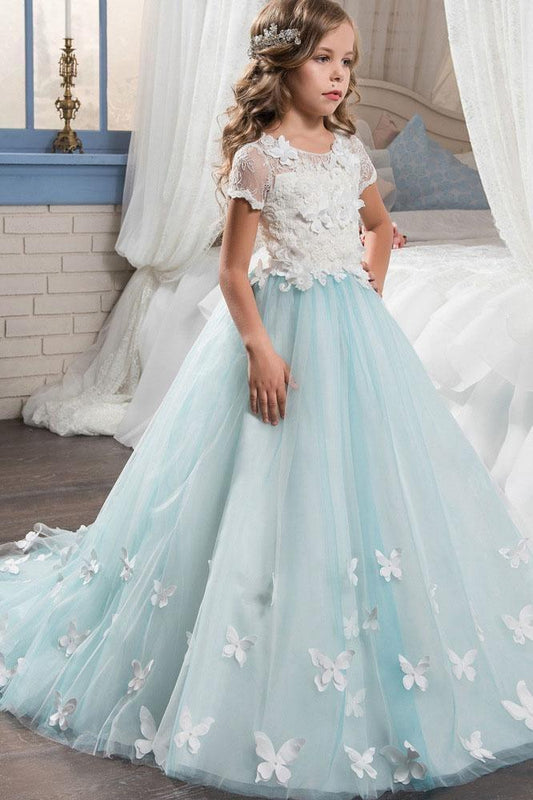 Long Ball Gown Scoop Neck Short Sleeves Tulle Flower Girl Dresses