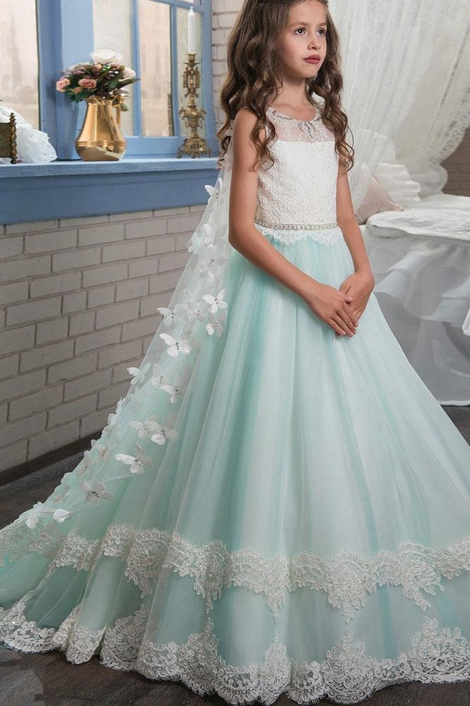 Long Ball Gown Scoop Neck Sleeveless Lace Flower Girl Dresses