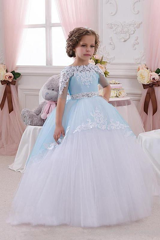 Long Ball Gown Scoop Neck Tulle Lace Flower Girl Dresses with Sleeves