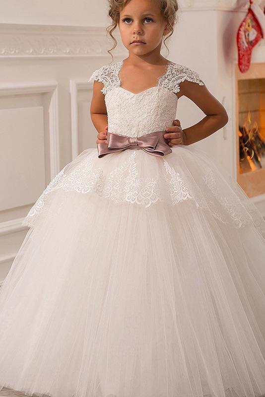 Long Ball Gown Square Neck Tulle Lace Flower Girl Dresses with Cap Sleeves