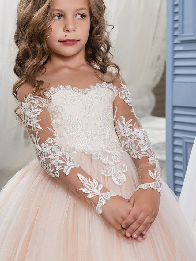 Long Ball Gown Sweep Brush Train Wedding Birthday Pageant Flower Girl Dresses with Sleeves