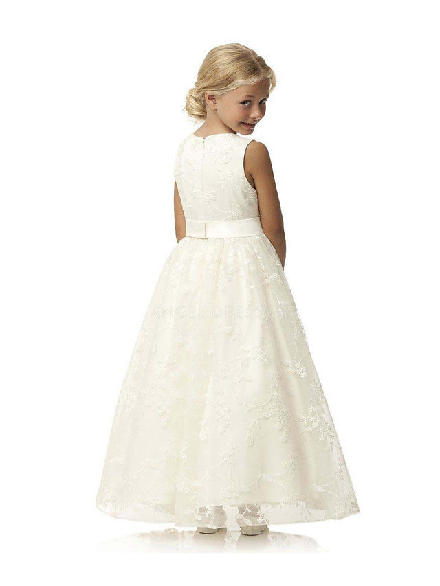 Long Ball Gown Tulle Cotton Jewel Neck First Communion Birthday Flower Girl Dresses