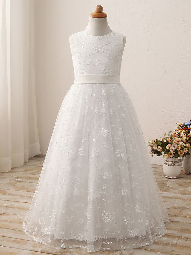 Long Ball Gown Tulle Cotton Jewel Neck First Communion Birthday Flower Girl Dresses