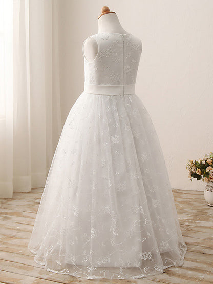 Long Ball Gown Tulle Cotton Jewel Neck First Communion Birthday Flower Girl Dresses