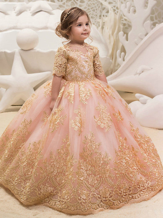 Long Ball Gown Tulle Half Sleeve Jewel Neck Wedding Party Flower Girl Dresses