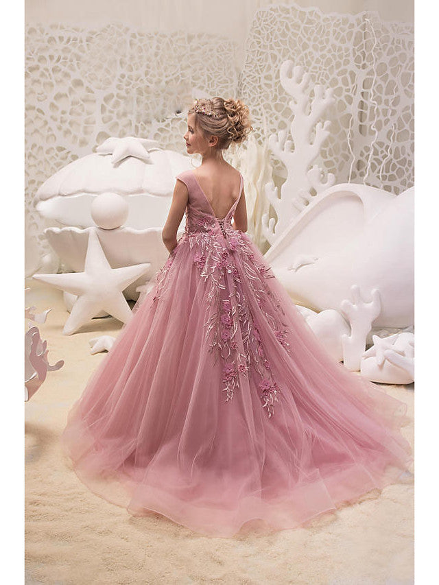 Long Ball Gown Tulle Jewel Neck Sweep Brush Train Wedding Party Flower Girl Dresses