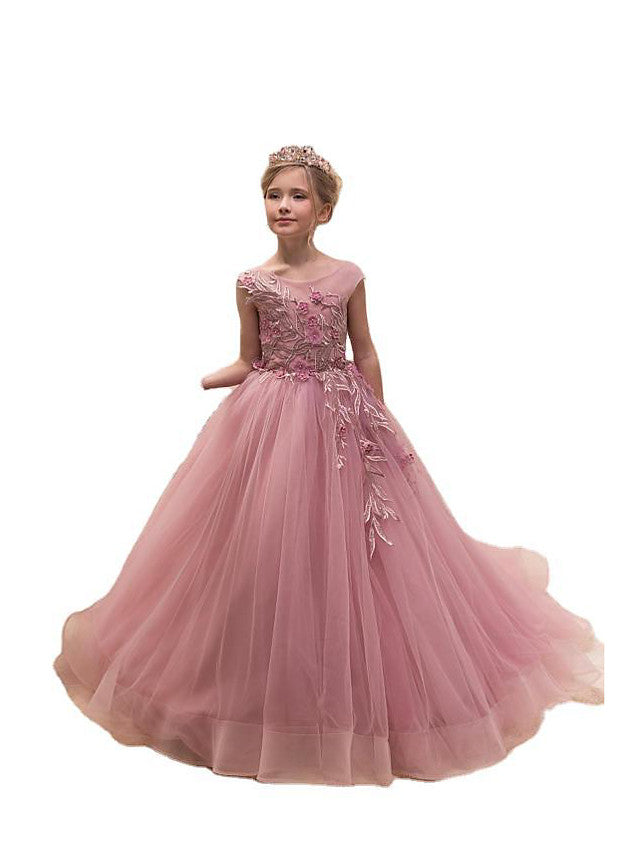 Long Ball Gown Tulle Jewel Neck Sweep Brush Train Wedding Party Flower Girl Dresses