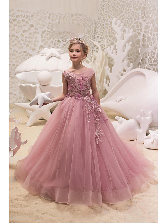 Long Ball Gown Tulle Jewel Neck Sweep Brush Train Wedding Party Flower Girl Dresses