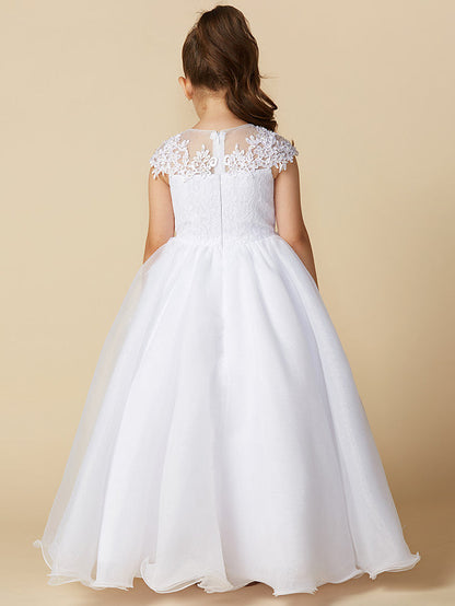 Long Ball Gown Tulle Jewel Neck Wedding First Communion Flower Girl Dresses with Sleeves