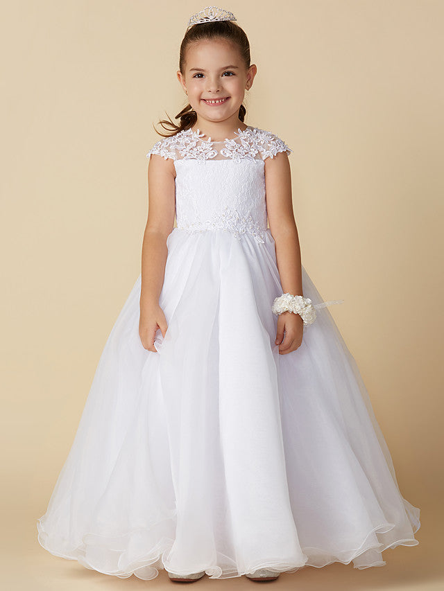 Long Ball Gown Tulle Jewel Neck Wedding First Communion Flower Girl Dresses with Sleeves