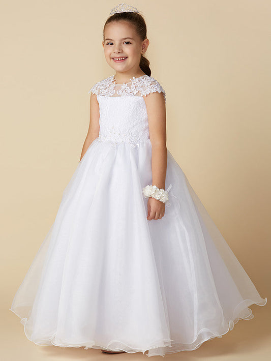 Long Ball Gown Tulle Jewel Neck Wedding First Communion Flower Girl Dresses with Sleeves