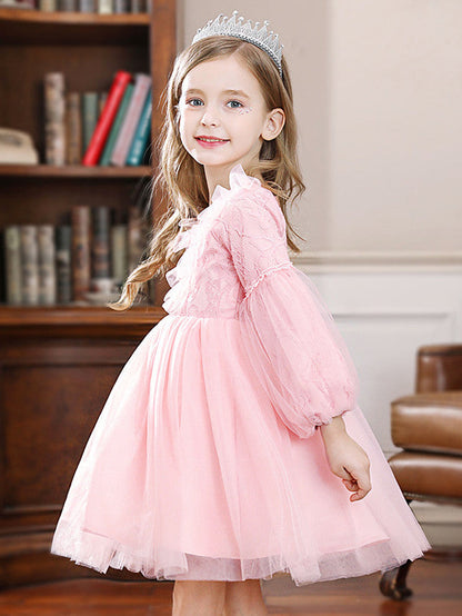 Long Ball Gown Tulle Jewel Neck Wedding Party Flower Girl Dresses with Sleeves