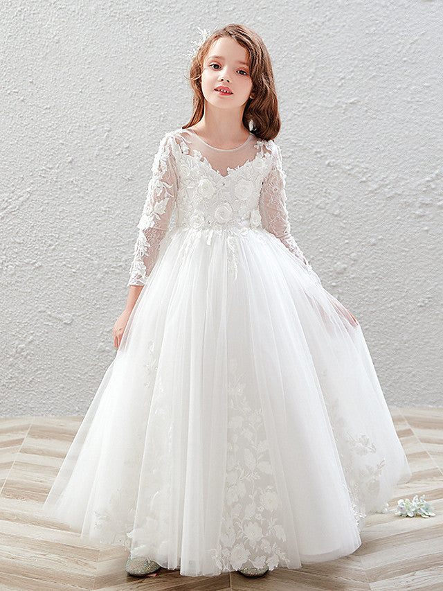 Long Ball Gown Tulle Jewel Neck Wedding Party Flower Girl Dresses with Sleeves