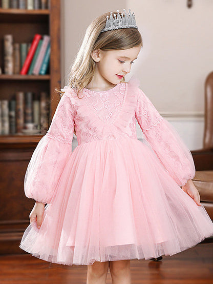 Long Ball Gown Tulle Jewel Neck Wedding Party Flower Girl Dresses with Sleeves