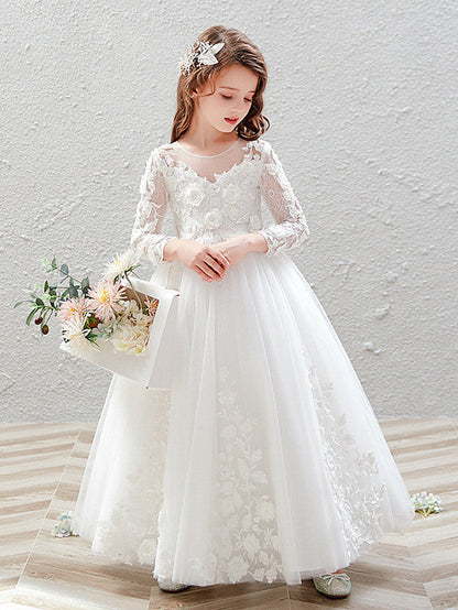 Long Ball Gown Tulle Jewel Neck Wedding Party Flower Girl Dresses with Sleeves