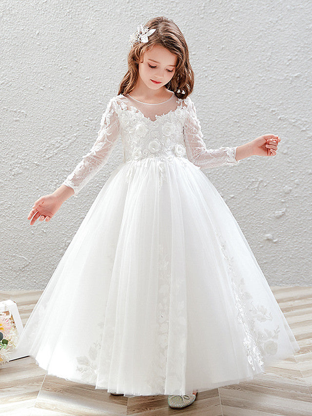 Long Ball Gown Tulle Jewel Neck Wedding Party Flower Girl Dresses with Sleeves