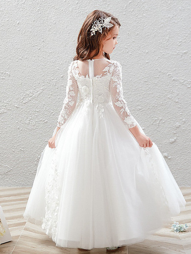 Long Ball Gown Tulle Jewel Neck Wedding Party Flower Girl Dresses with Sleeves