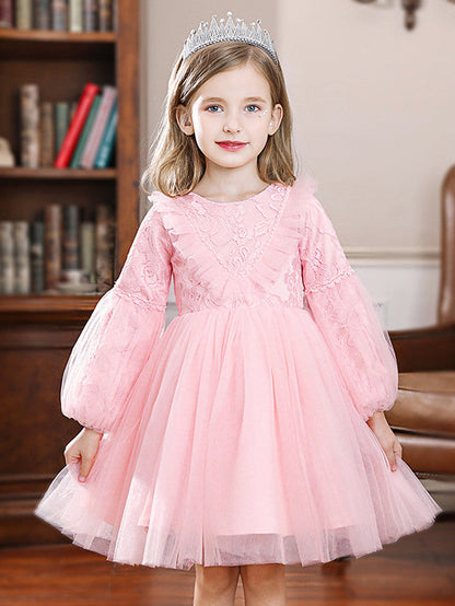 Long Ball Gown Tulle Jewel Neck Wedding Party Flower Girl Dresses with Sleeves