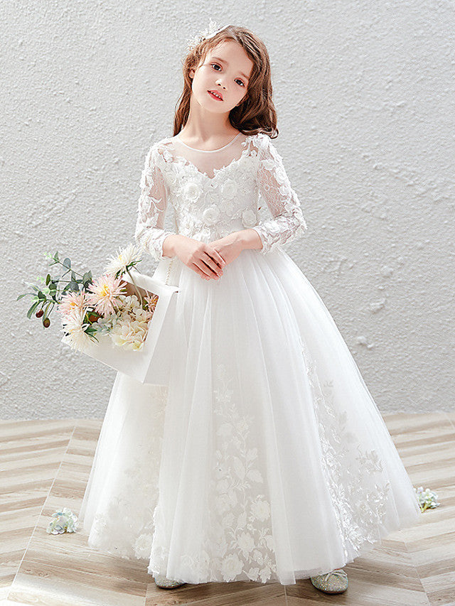 Long Ball Gown Tulle Jewel Neck Wedding Party Flower Girl Dresses with Sleeves