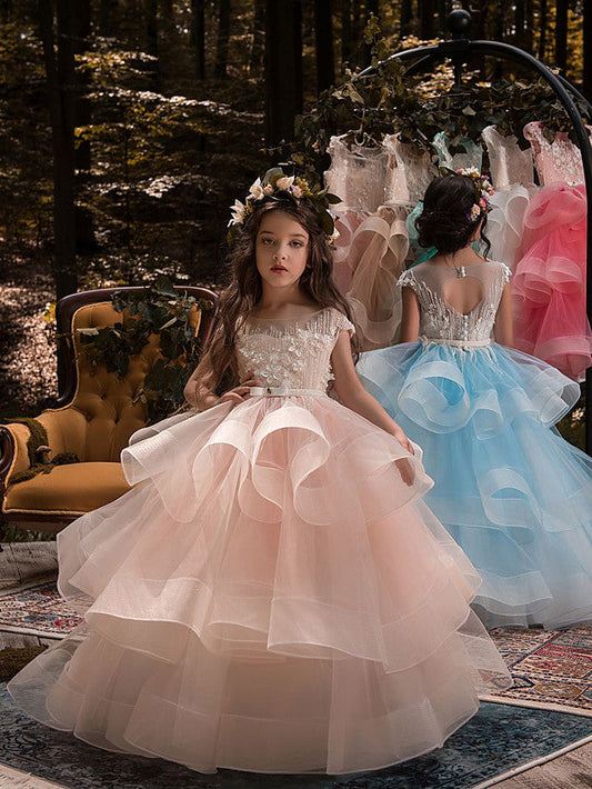 Long Ball Gown Tulle Lace Pageant Flower Girl Dresses with Sleeves