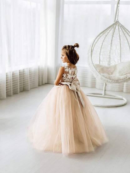 Long Ball Gown Tulle Lace Sleeveless Flower Girl Dress with Bow