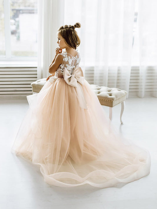 Long Ball Gown Tulle Lace Sleeveless Flower Girl Dress with Bow