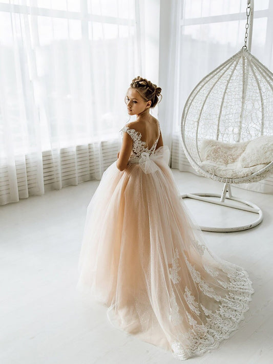 Long Ball Gown Tulle Open Back Boho Flower Girl Dresses with bow