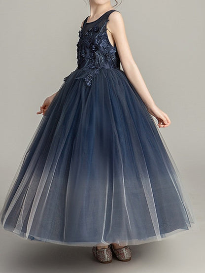 Long Ball Gown Tulle Sleeveless Jewel Neck Pageant Flower Girl Dresses