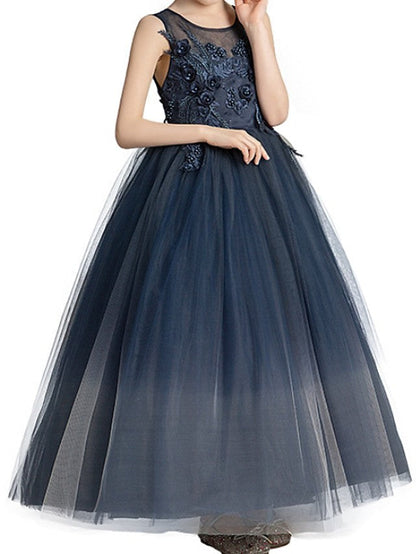 Long Ball Gown Tulle Sleeveless Jewel Neck Pageant Flower Girl Dresses