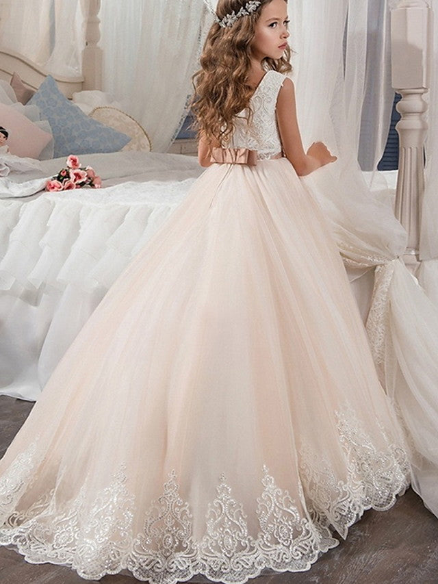 Long Ball Gown Tulle Sleeveless Jewel Neck Wedding Party Flower Girl Dresses